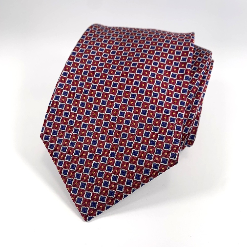 Lauren Ralph Lauren Mens Tie Red & Blue Geometric Foulard Design 100 % Silk Repp